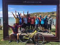 Celebrating at the finish line of the Alps 2 Ocean Cycle Trail in Oamaru |  <i>Sue Wills</i>