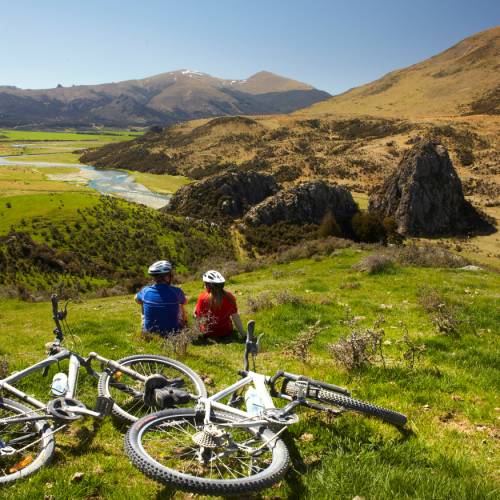 Enjoying the view on the Around the Mountain Cycle Trail on South Island Mountain Bike Adventure, New Zealand