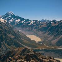 Views overlooking Aoraki Mt Cook, Hooker Lake and Hooker Glacier from the Mueller Ridge