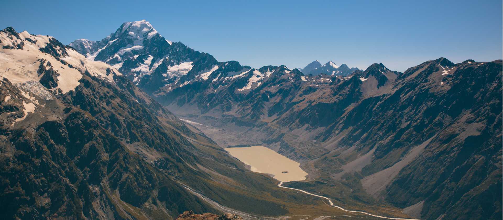 Views overlooking Aoraki Mt Cook, Hooker Lake and Hooker Glacier from the Mueller Ridge