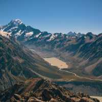 Views overlooking Aoraki Mt Cook, Hooker Lake and Hooker Glacier from the Mueller Ridge
