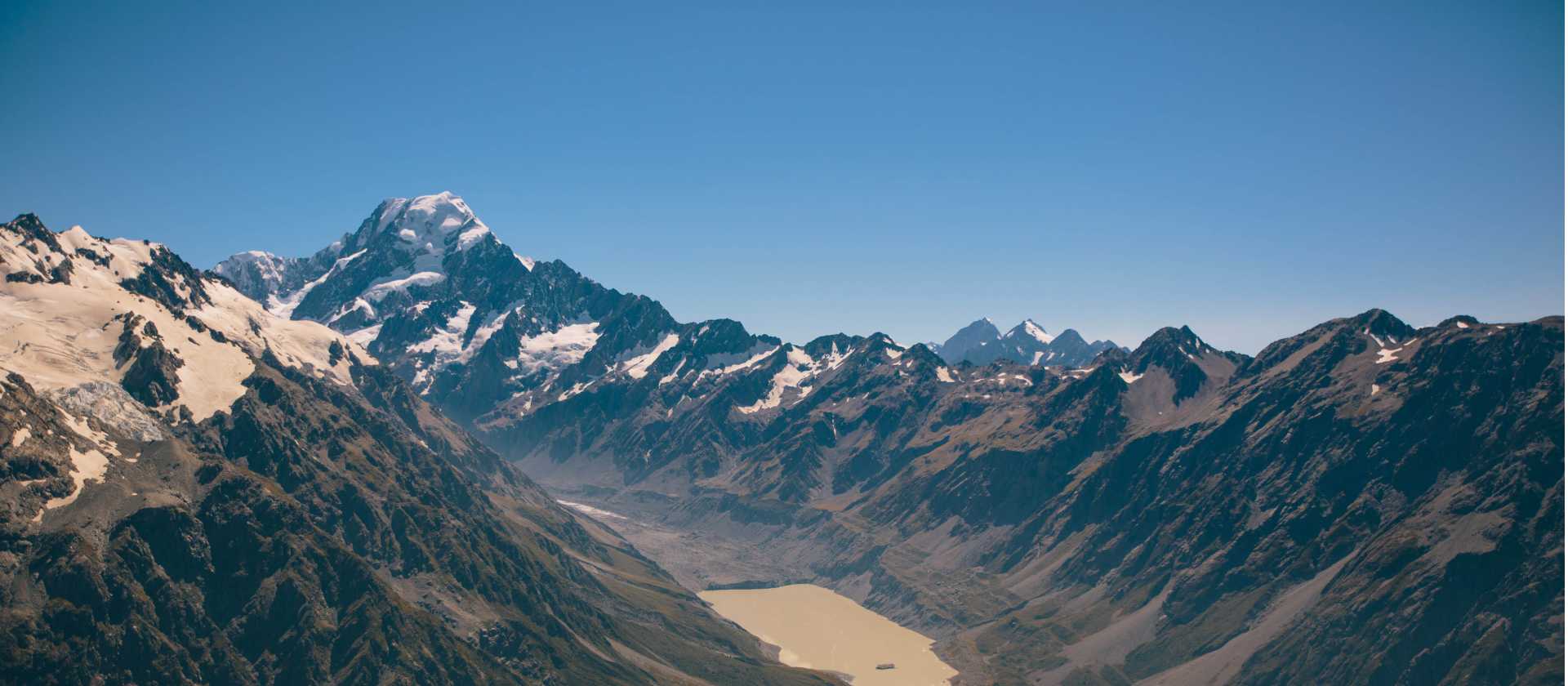 Views overlooking Aoraki Mt Cook, Hooker Lake and Hooker Glacier from the Mueller Ridge