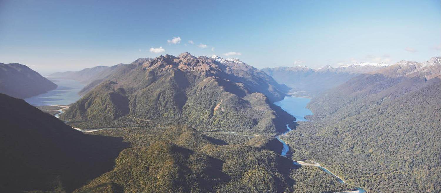 Aerial view over the Lowe Hollyford Valley | Hollyford Track