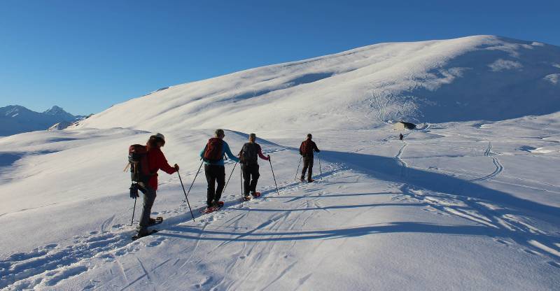 It's not often you get to snowshoe towards your exclusive accommodation at Rex Simpson Hut |  <i>Stephen Tulley</i>
